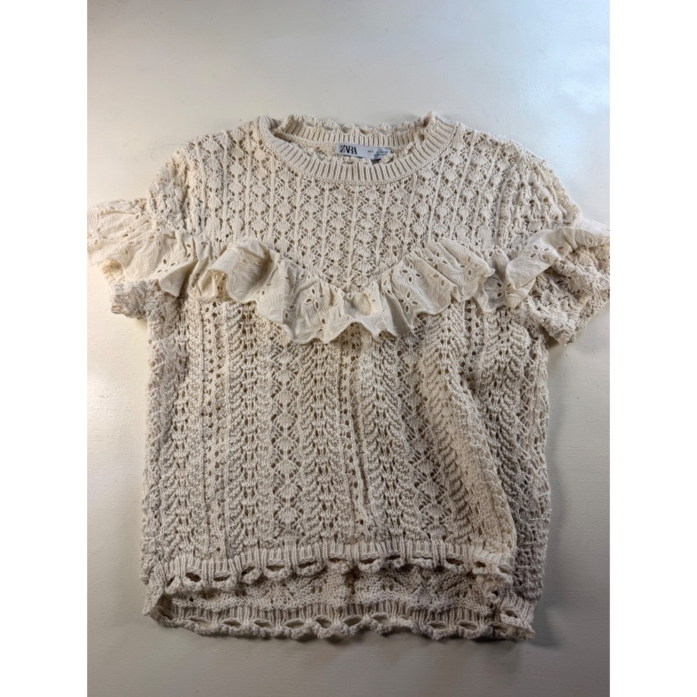 Zara Top Women Large Cream Y2K‎ Pointelle Eyelet Ruffle Scalloped Short Sleeves